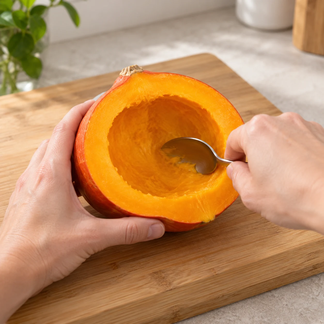 Retire les graines et les filaments du demi-potimarron avec une cuillère. Conserve sa peau. État à montrer : La cavité ne contient plus de graines ni de filaments.