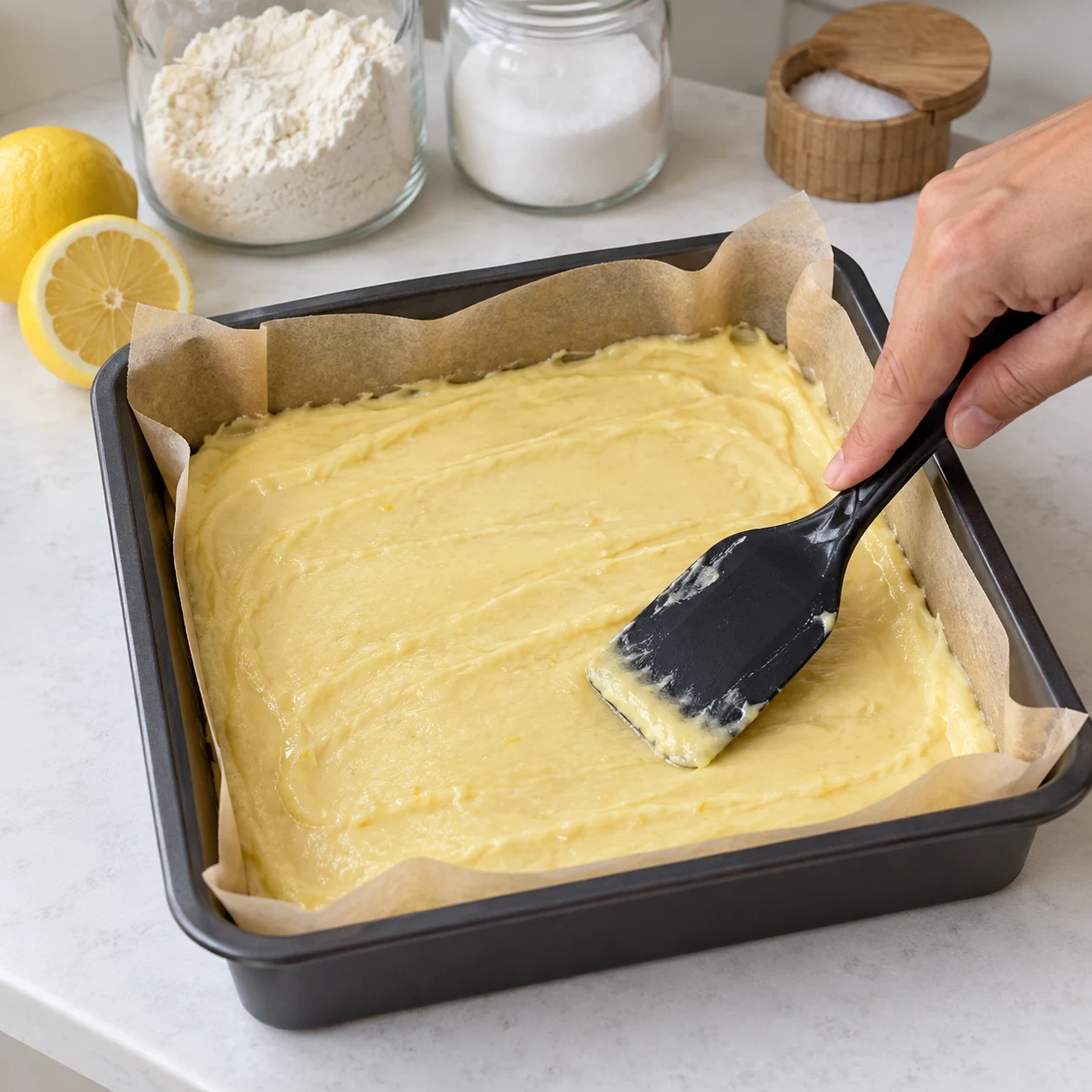 Une main anonyme lisse une pâte citronnée dans son moule carré.