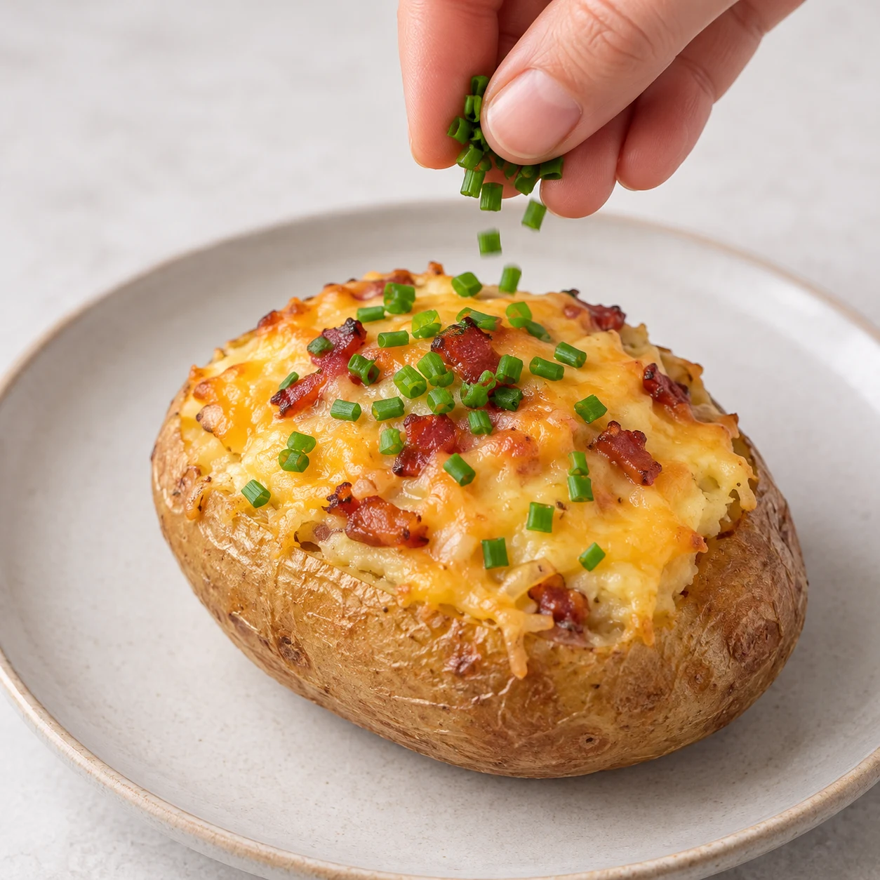 Parsemer de ciboulette : La ciboulette est répartie sur les pommes de terre chaudes.