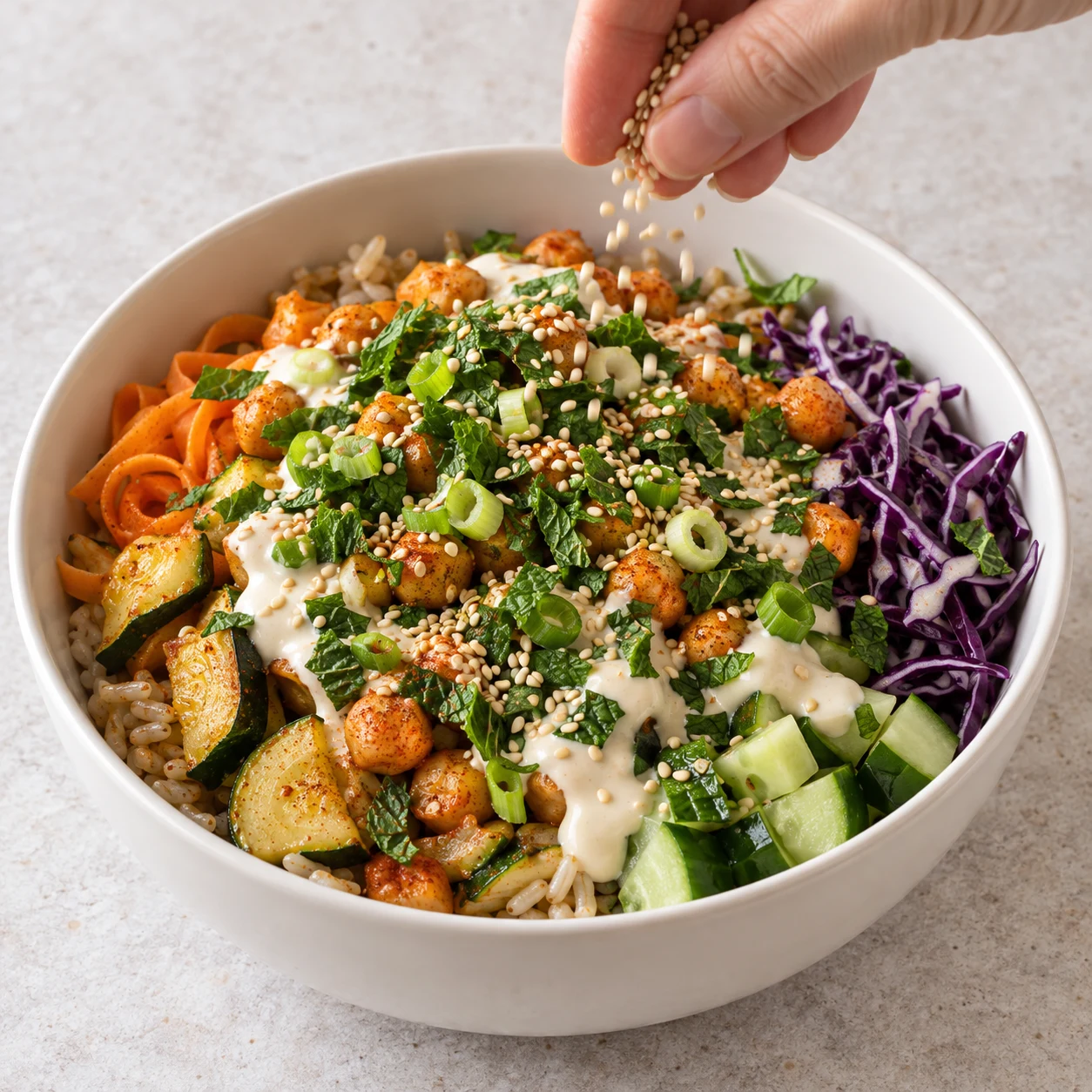Photographie d’une seule action : Ajoute un peu de graines de sésame et sers le bowl. Résultat attendu : Les graines de sésame restent visibles au-dessus des herbes et de la sauce. Adaptation entièrement végane ; pois chiches entiers, aucun crustacé ni produit laitier.