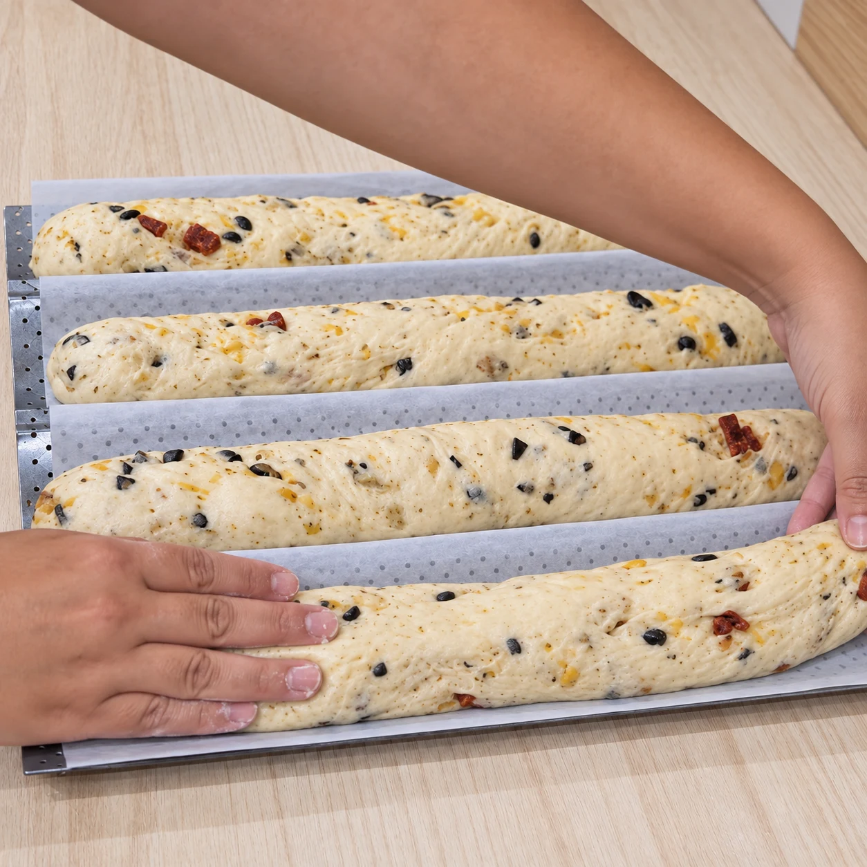 Déposer sur la plaque. Les baguettes sont séparées et soutenues sur la plaque. Respecter la capture source ; chorizo et cheddar uniquement végétaux, aucune autre garniture.