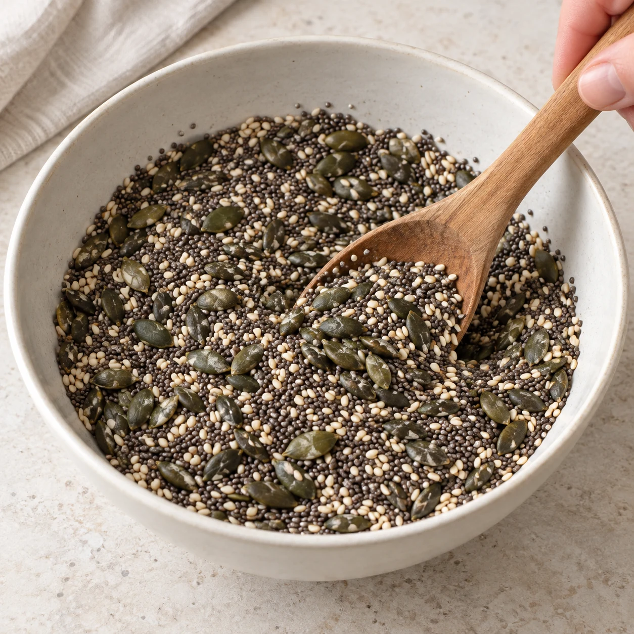 Mélange de graines de courge, de chia et de sésame dans un saladier.