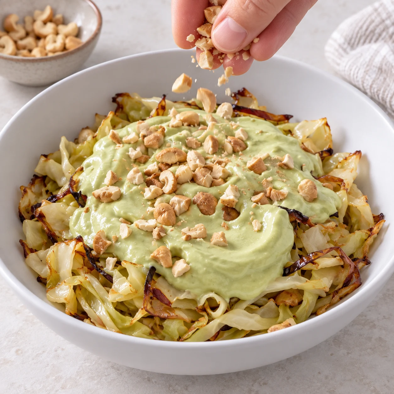 Quelques morceaux de cajou déposés sur la sauce à l’avocat et le chou rôti.