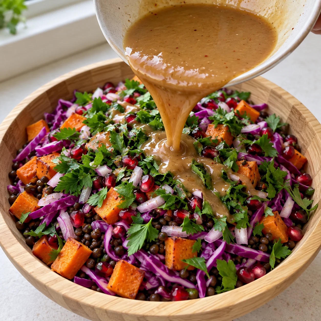 Vinaigrette beige-brun fluide versée d’un bol neutre sur la salade de cubes orange, lentilles brunes, chou violet, grenade rouge, échalote et persil.