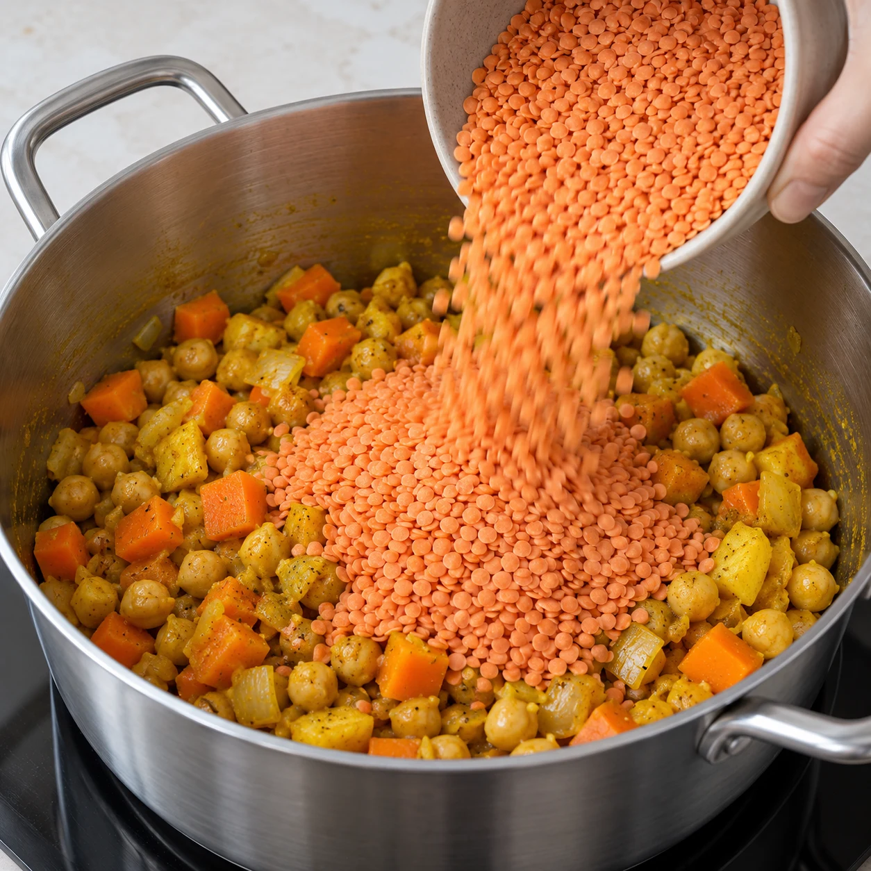 Un bol de lentilles corail sèches versé dans la casserole sur le mélange jaune aux pois chiches.