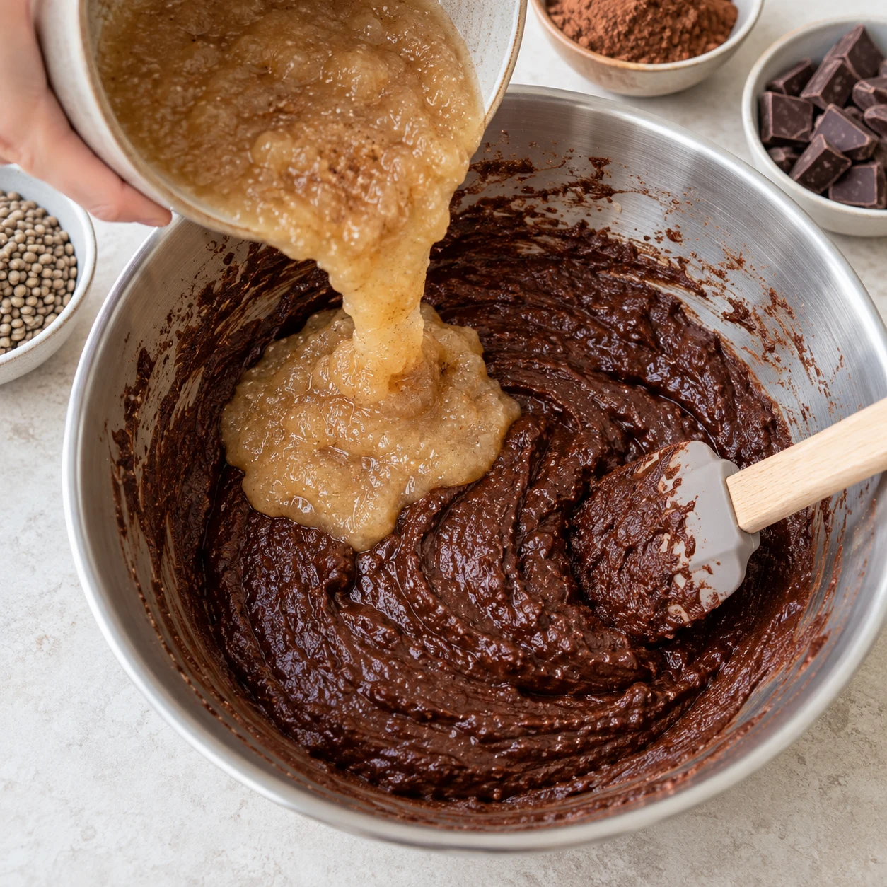 Pâte chocolatée épaisse mélangée avec une spatule. Chocolat noir à 70 %, couleur sombre ; adaptation documentée de la source.