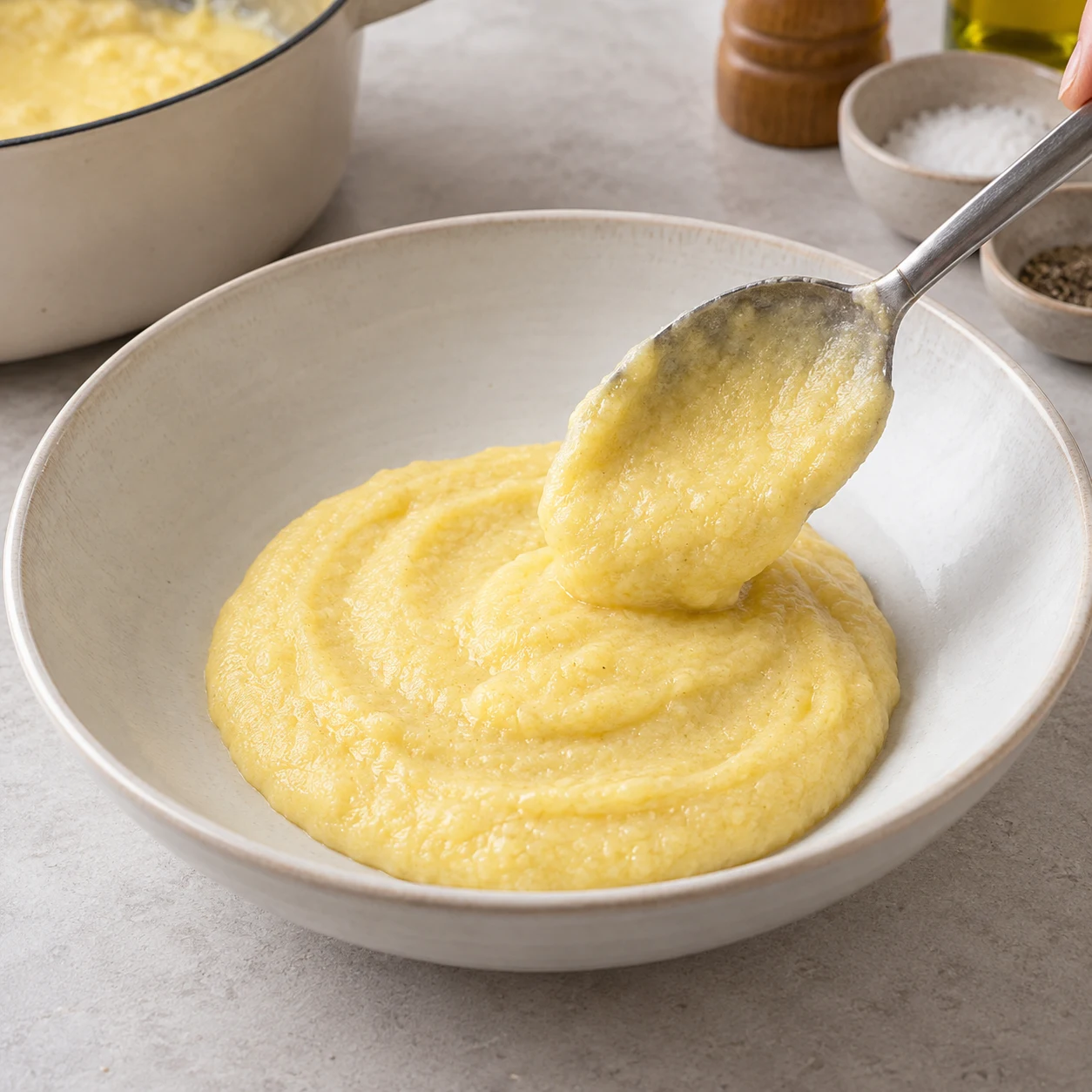 Cuillère déposant uniquement de la polenta crémeuse dans une assiette creuse neutre.