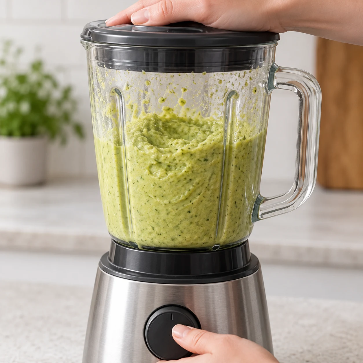 Purée épaisse verte dans un blender fermé : brocoli, yaourt soja, épices, purée de piment et oignon rouge pour la base mixée, sans dés de tomate ni oignon de finition.