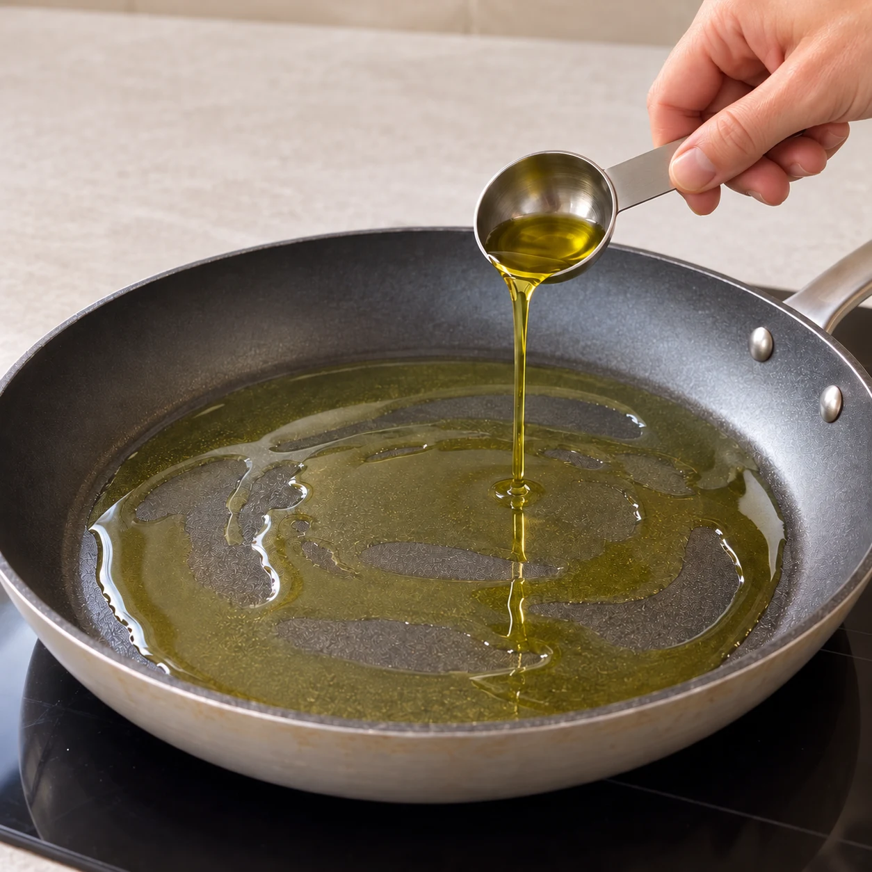 Film d’huile d’olive dans une poêle neutre, sans galette encore ajoutée.