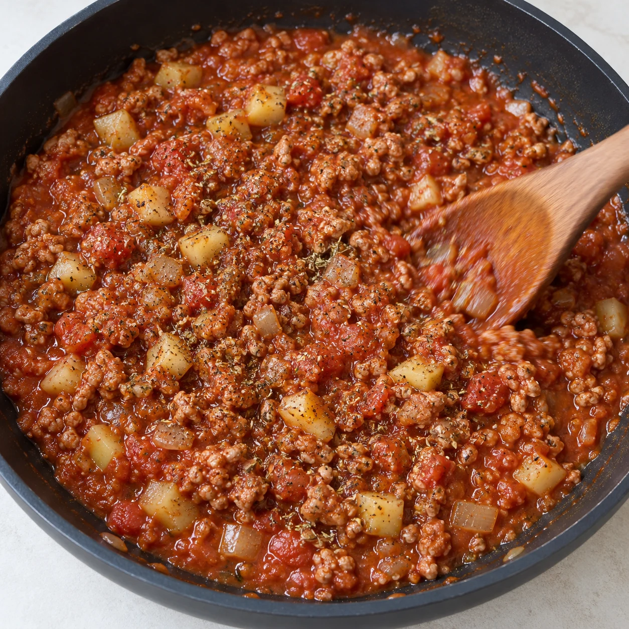 Herbes séchées ajoutées à la sauce tomate et au haché végétal.