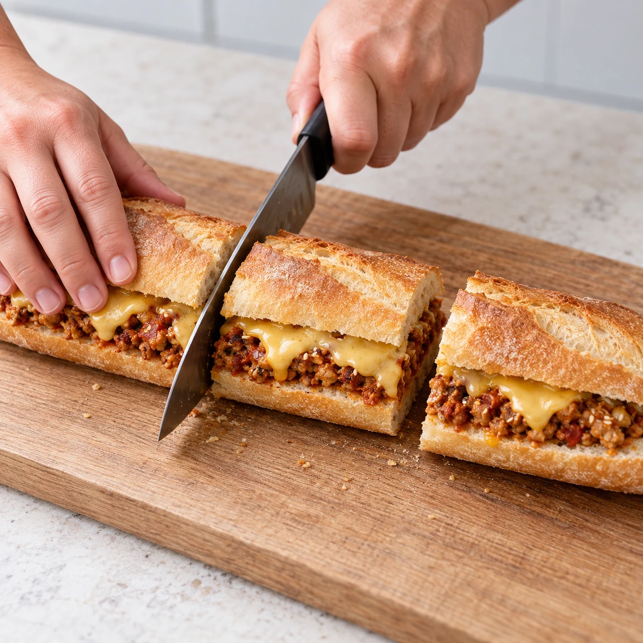 Un couteau coupe une baguette garnie de haché végétal en petits grains et de fromage végétal fondu en trois portions. Une main adulte anonyme stabilise le pain, doigts éloignés de la lame.