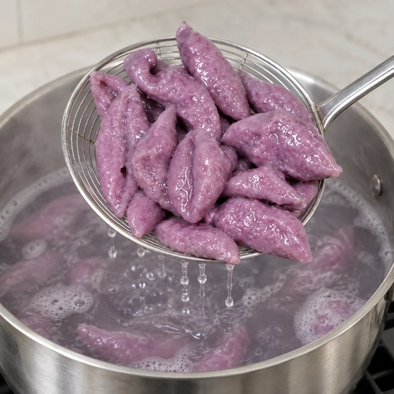 Écumoire soulevant des pâtes violettes cuites et brillantes.