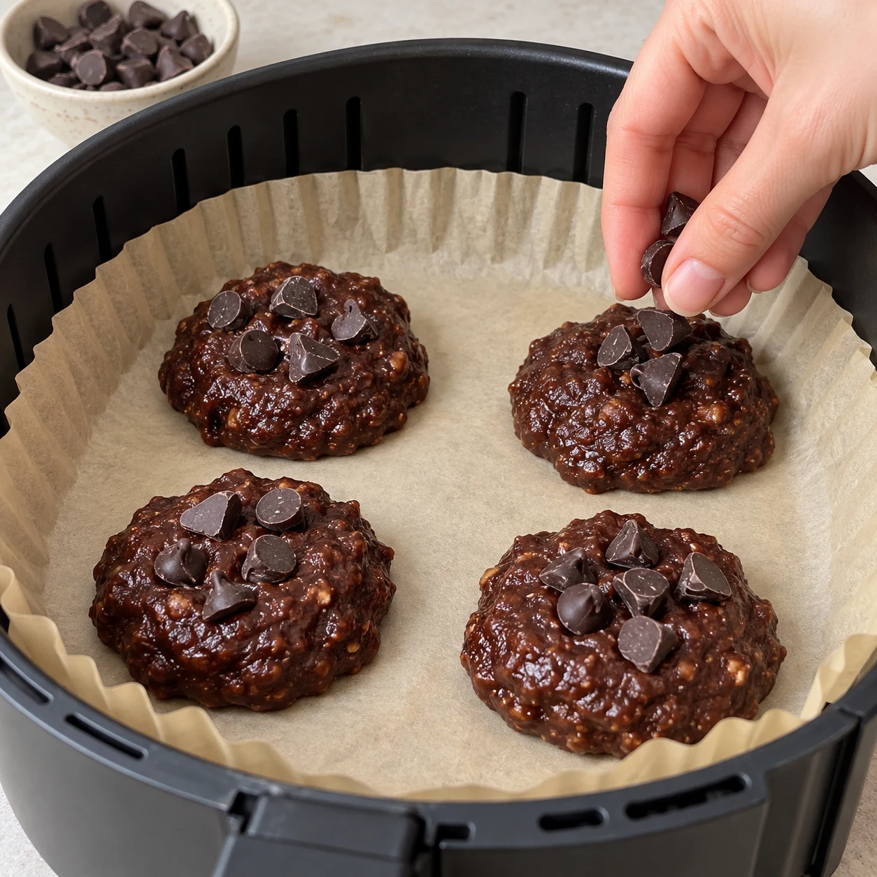 Main anonyme parsemant quelques pépites noires sur quatre tas de pâte, papier cuisson, sans chocolat au lait.