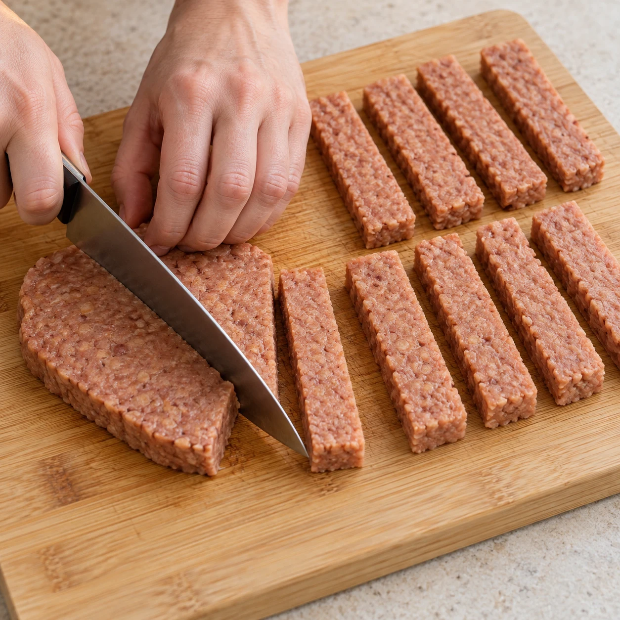 Une main adulte anonyme en prise en griffe stabilise un steak végétal rosé de protéines de pois et fèveroles, une autre coupe un bâtonnet sur une planche stable. Dix pièces seront obtenues au total ; ne pas montrer de poulet ni de tofu.