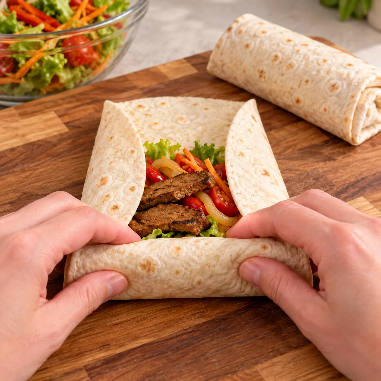 Les wraps sont fermés sur les côtés et la garniture reste à l’intérieur.