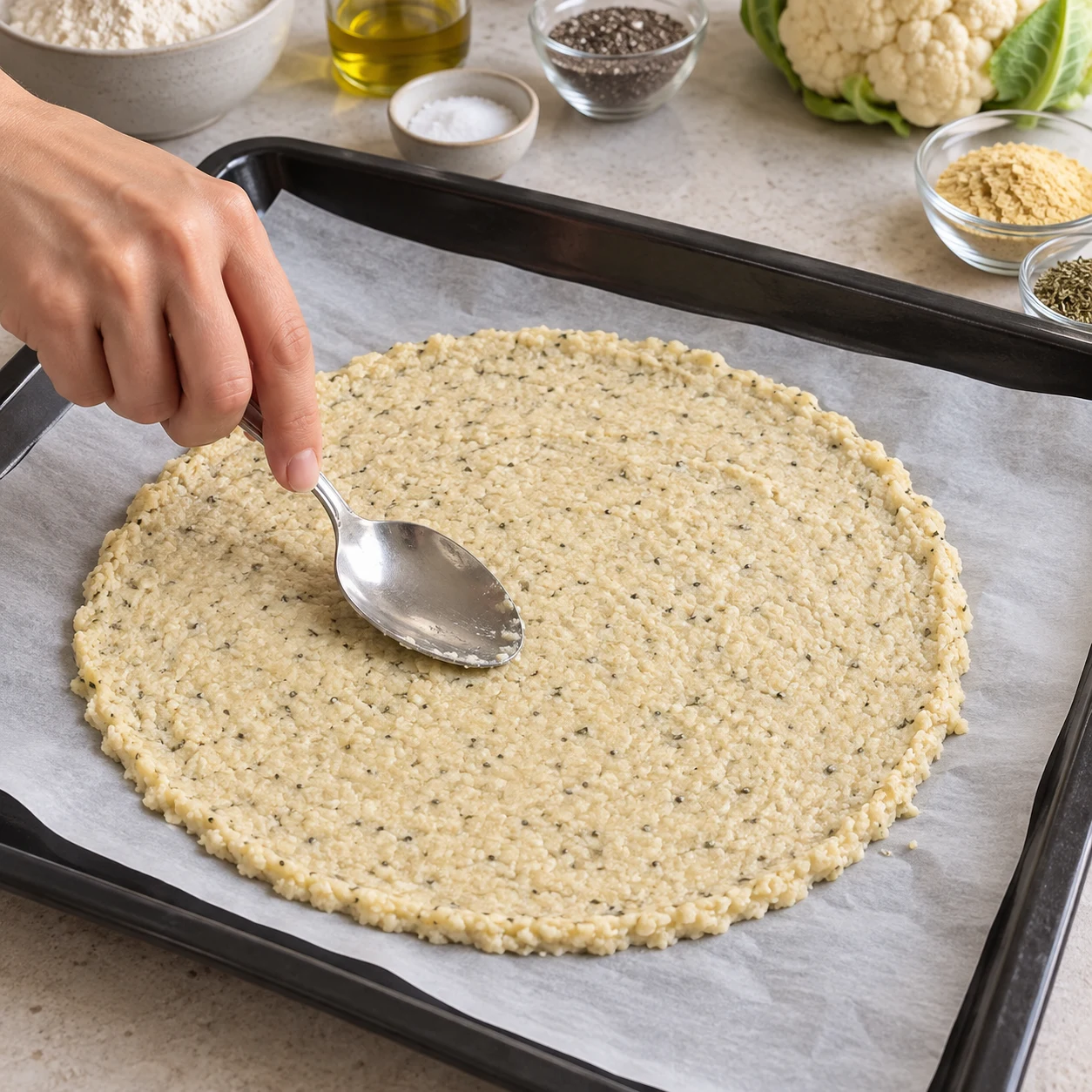 Cuillère étalant une pâte pâle et granuleuse au chou-fleur, disque sur papier cuisson.