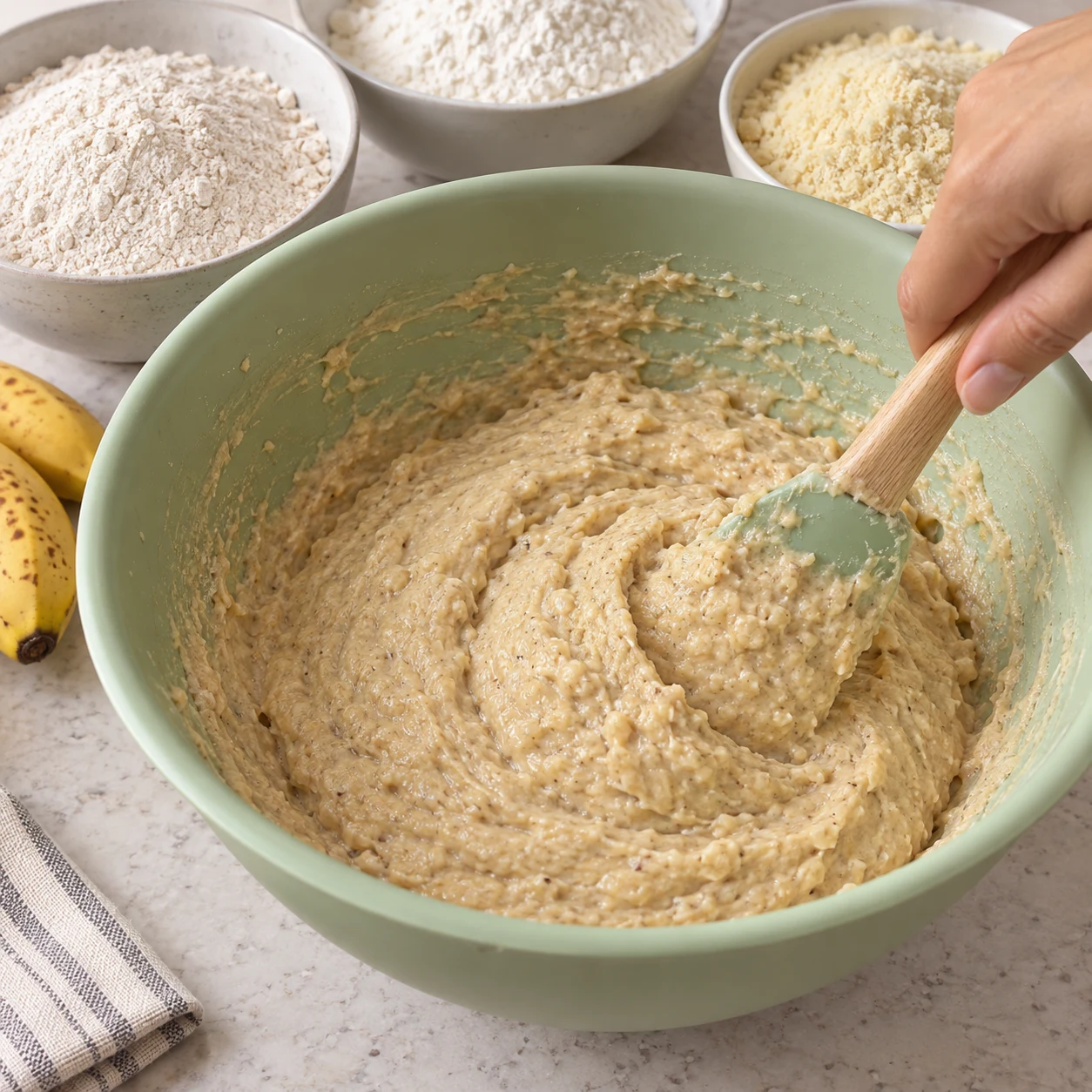 Spatule dans une pâte beige épaisse, ingrédients secs en train d’être incorporés. Aucun chocolat à ce stade.