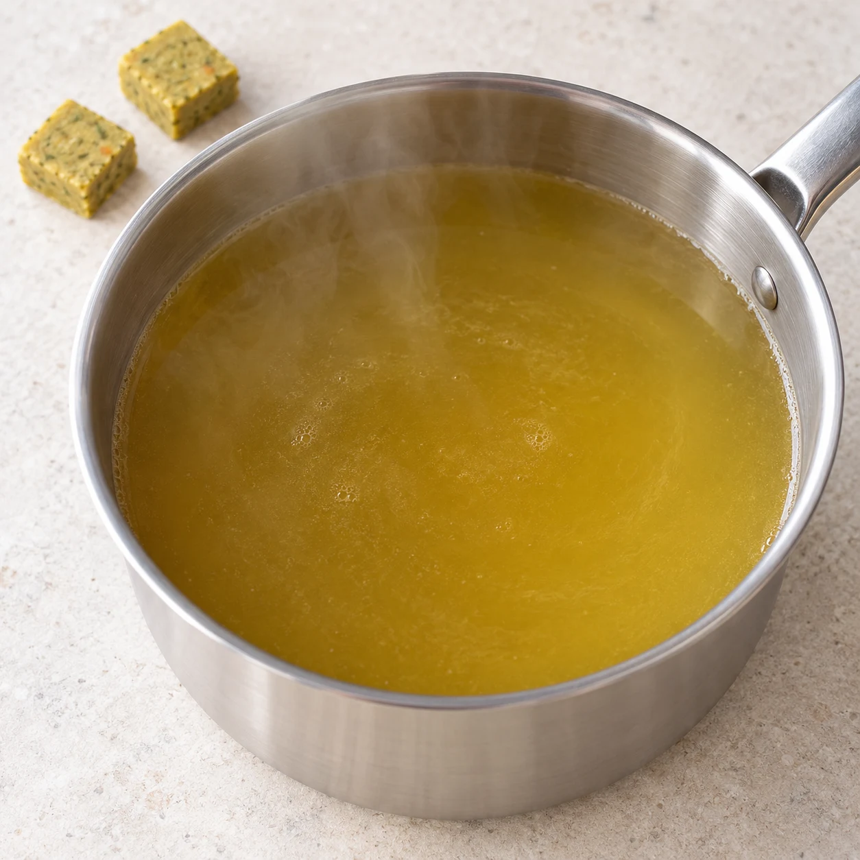 Dissolvez deux cubes de bouillon de légumes dans environ un litre d’eau bouillante, selon la notice du produit vérifié. Montrer uniquement les ingrédients présents à cette phase.