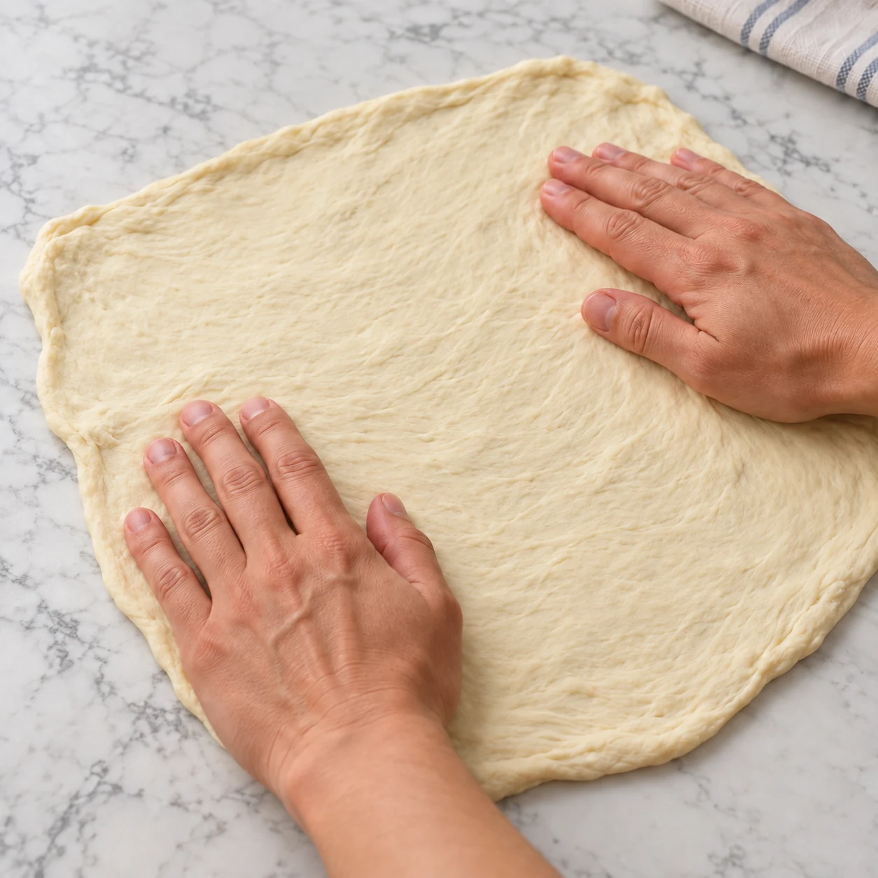 Mains anonymes étalant une portion de pâte à pizza crue sur une pierre pâle.