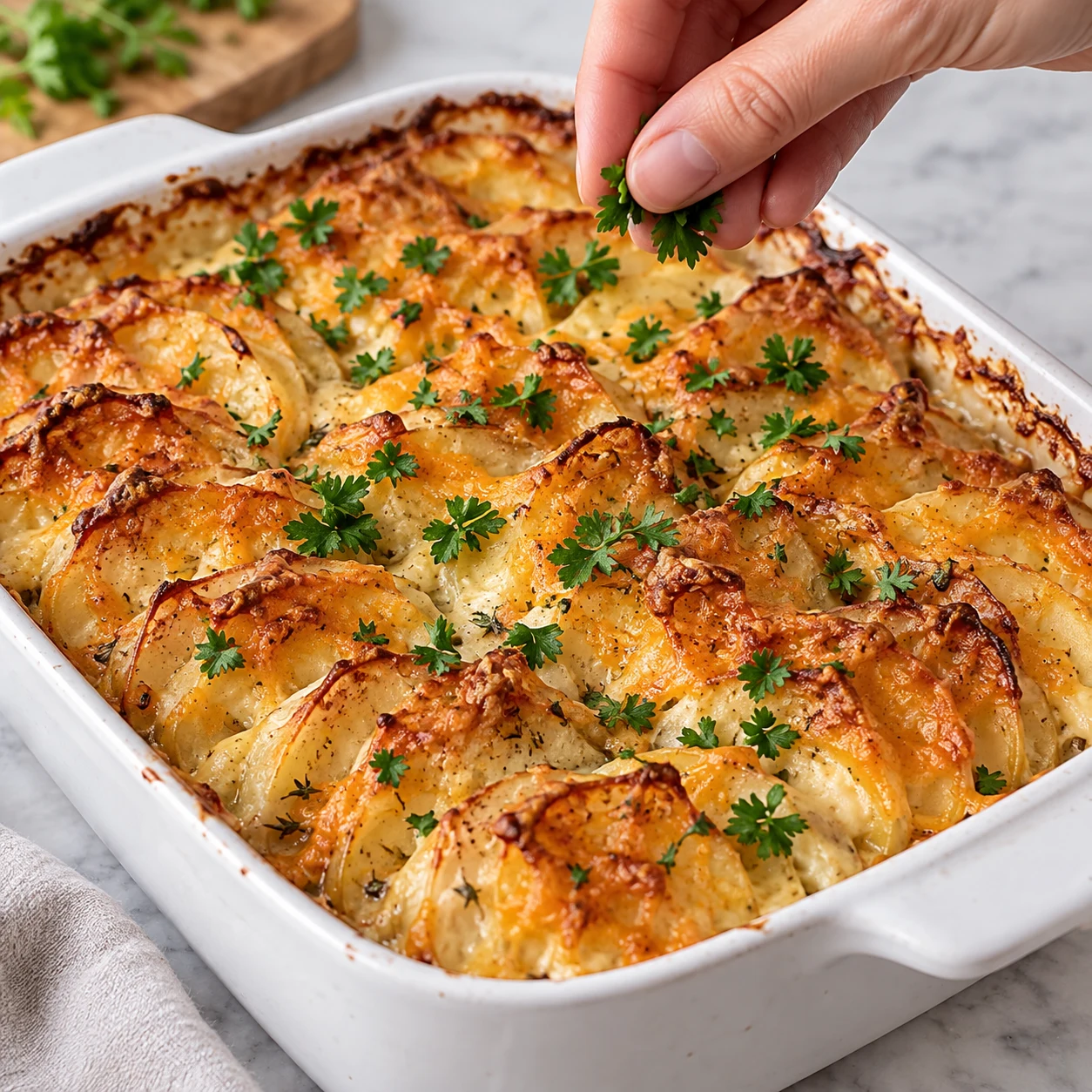 Plat blanc de gratin végétal doré et crémeux, rangées de pommes de terre et petites feuilles de persil frais ; main anonyme ajoutant seulement quelques feuilles. Les tranches végétales façon cheddar sont orangées ; aucune matière laitière.