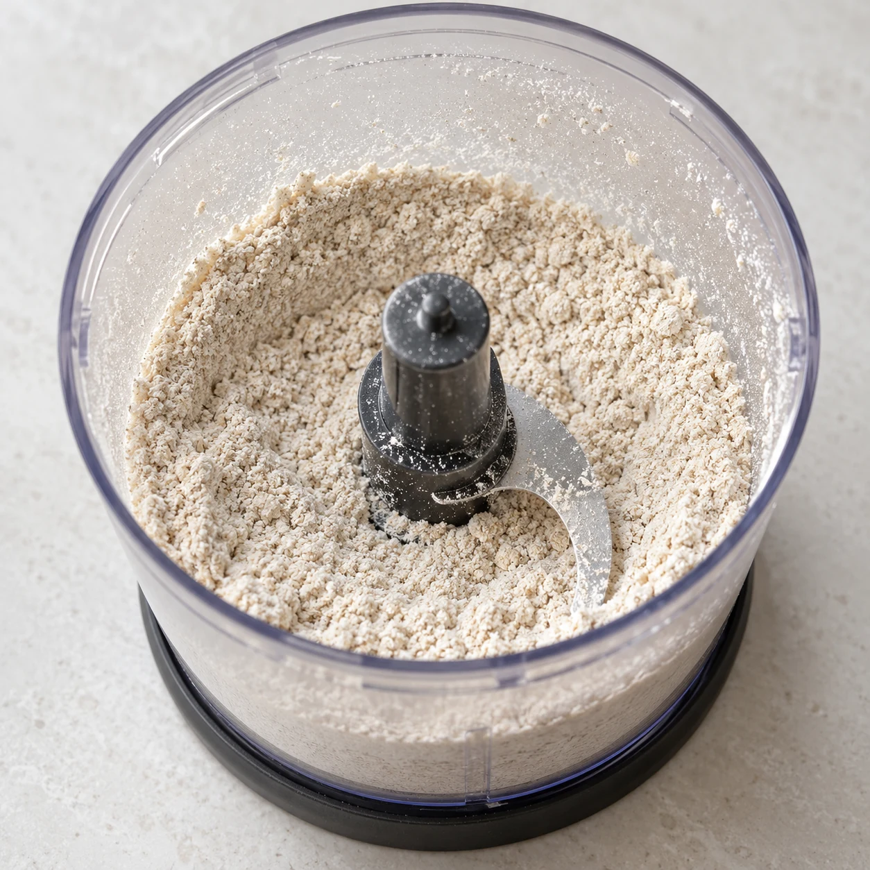 Mixer les flocons pour la base. Les 45 g de flocons sont réduits en poudre fine.. Une seule action, mains adultes anonymes, aucun texte.