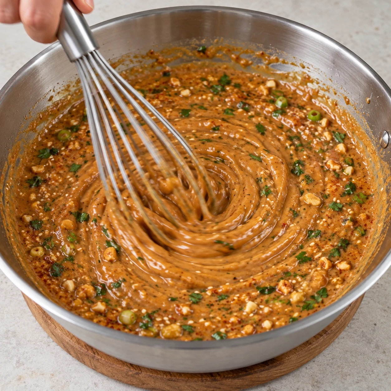 Fouet dans une sauce cacahuète avec graines et aromates.