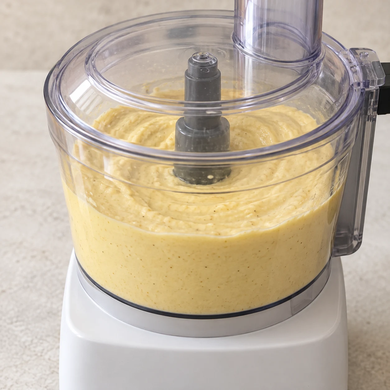 Robot fermé contenant un appareil épais jaune pâle parfaitement mixé aux haricots blancs, crème de soja, fécule et épices. Aucun bloc de tofu.