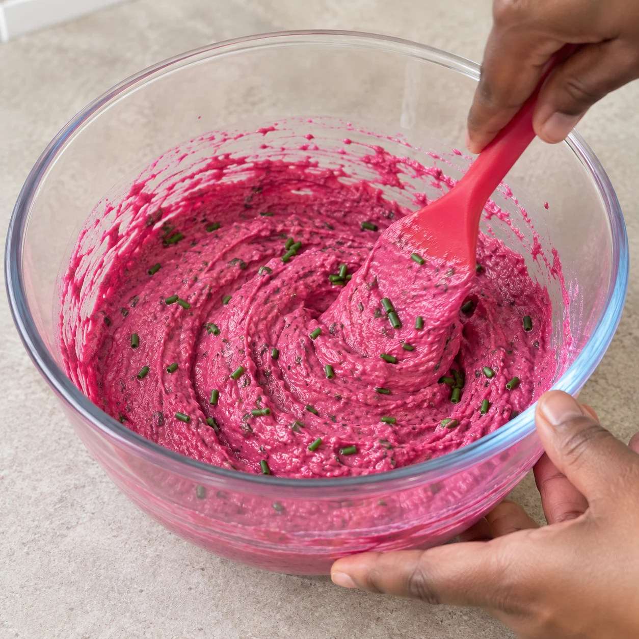Spatule mélangeant une purée rose crémeuse avec de petits morceaux de ciboulette.