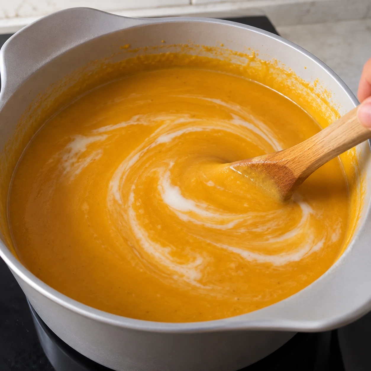 Cuillère mélangeant la soupe orange et le lait de coco dans la cocotte.