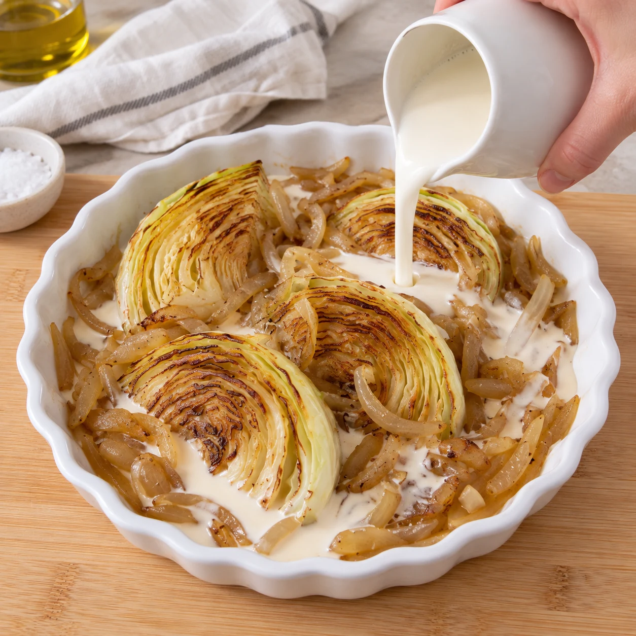 Versez les 20 cl de crème de soja cuisine autour du chou et sur les oignons. Cette crème végétale remplace la crème liquide laitière de la recette d’origine.