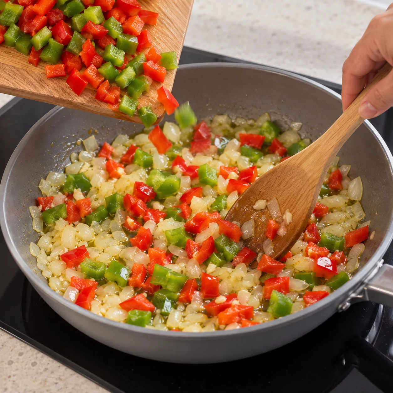 Incorporez les dés de poivrons vert et rouge aux oignons.