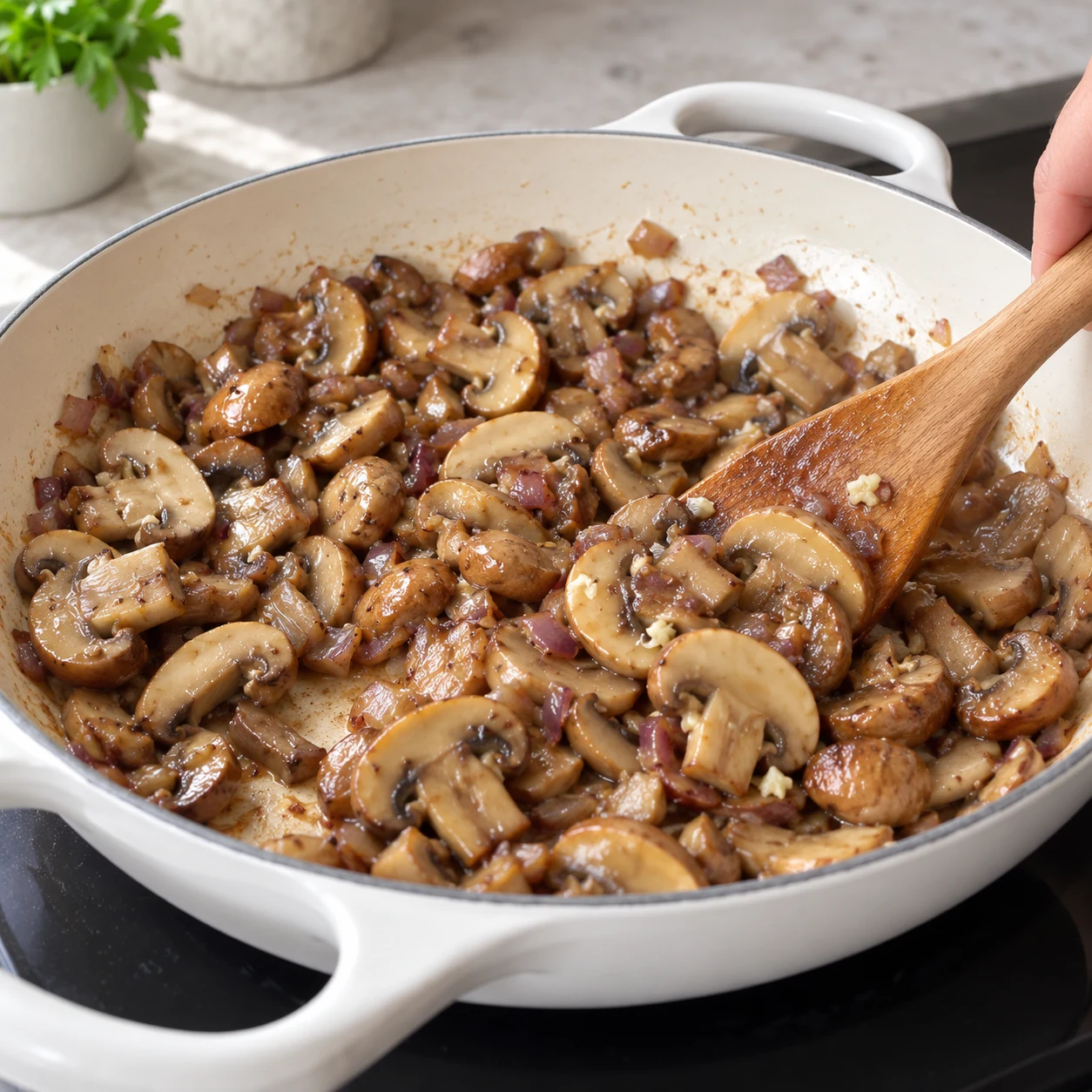 Champignons en lamelles cuits avec l’oignon et l’ail dans une poêle; spatule remuant, fond presque sans liquide.