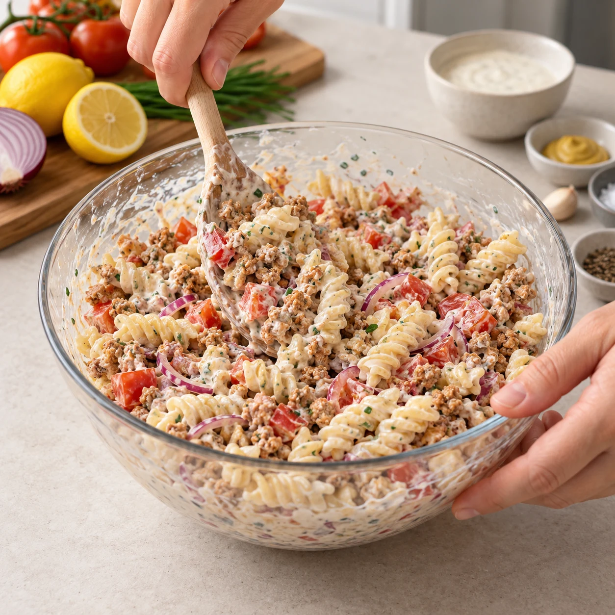 Salade de fusilli au haché de soja, tomates et oignon rouge mélangée à la sauce crémeuse végétale.