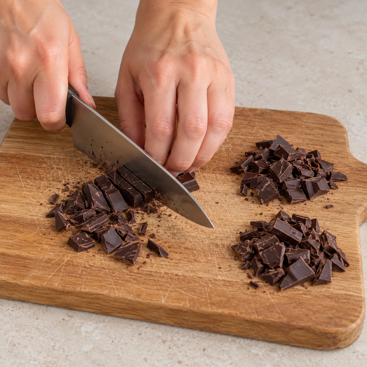 Mains adultes anonymes coupant du chocolat noir en petits morceaux, couteau tenu sûrement sur planche stable.