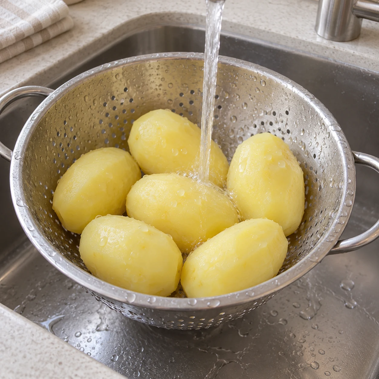 Pommes de terre pelées et précuites refroidies sous un mince jet d’eau dans une passoire.