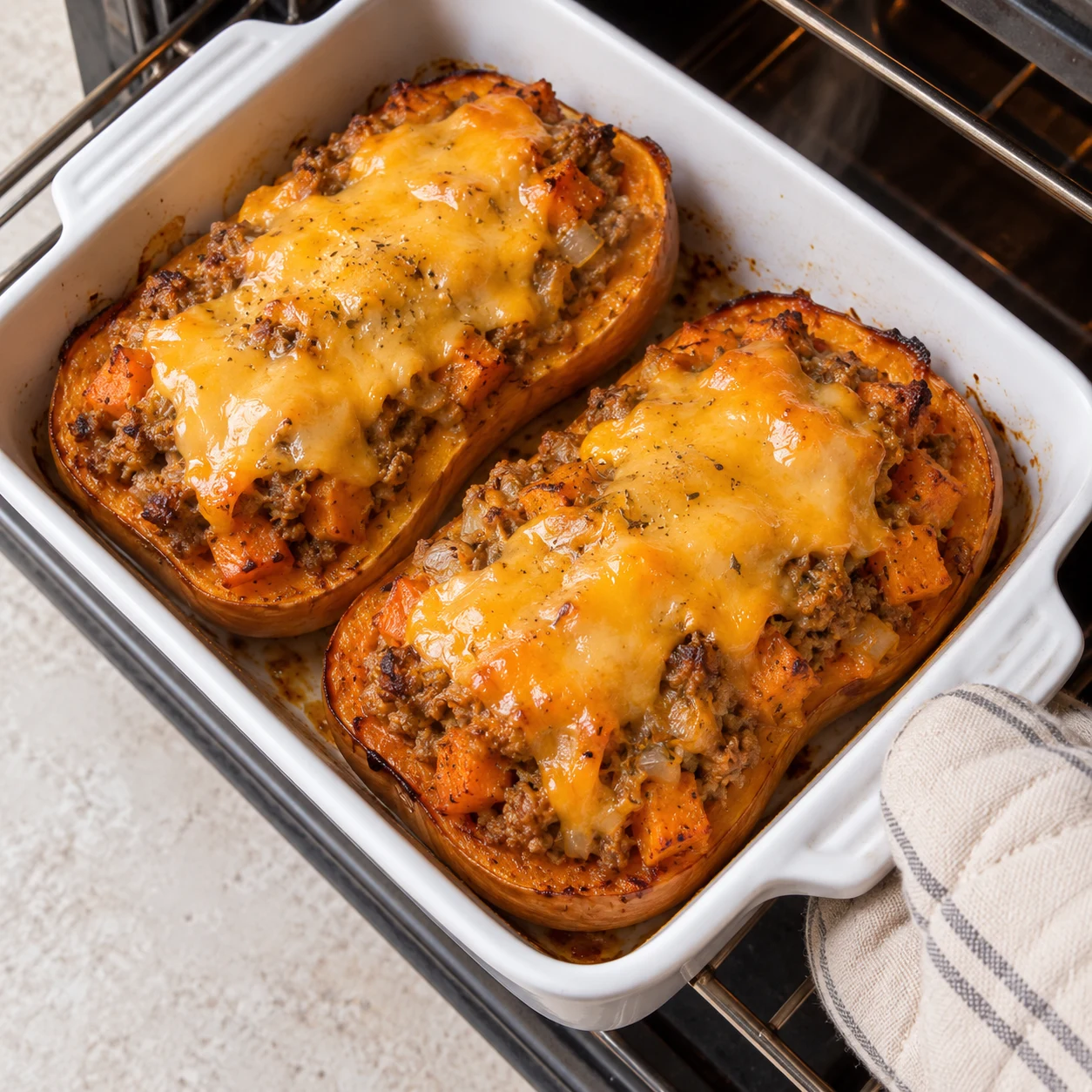 Deux demi-butternuts farcies de courge, patate douce et haché végétal, couvertes de fromage végétal orange fondu, dans un plat blanc; aucune personne ni texte.