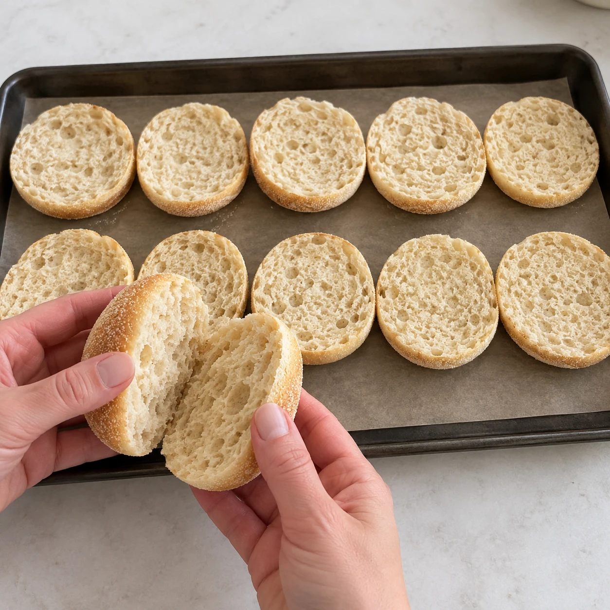 Fendre les 5 muffins en deux dans l’épaisseur, puis poser les dix moitiés face coupée vers le haut sur une plaque.