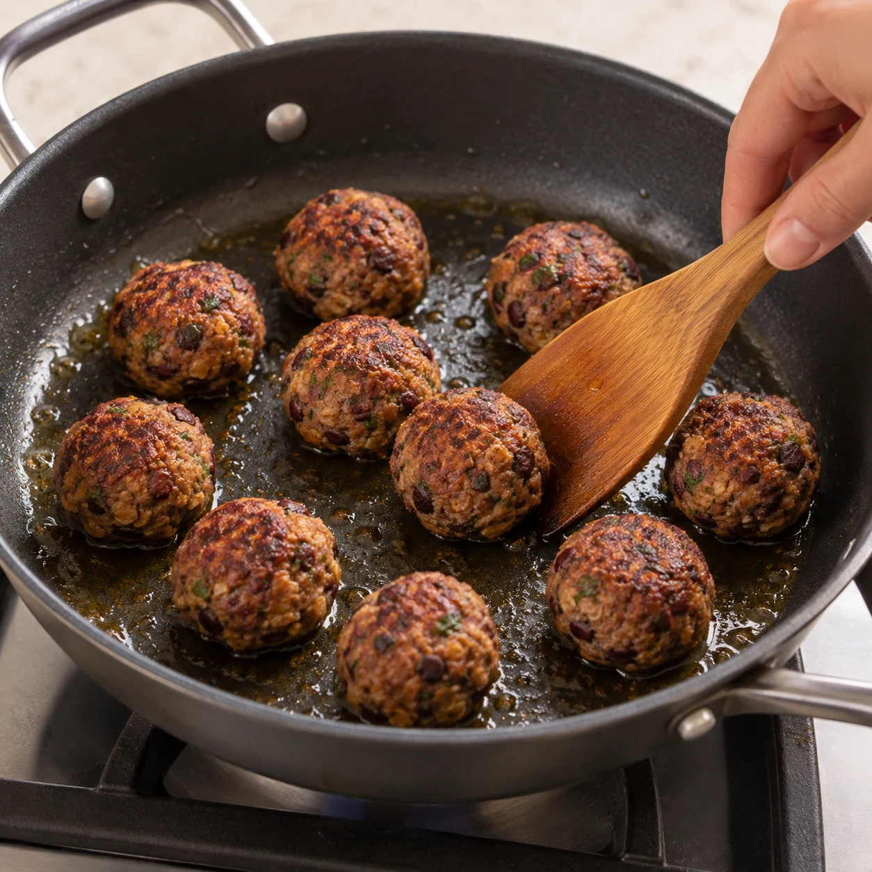 Dorer les boulettes. Les boulettes sont dorées sur toutes les faces et gardent leur forme. Une seule photographie carrée, geste et état conformes à la capture ; aucun ingrédient absent de cette étape.