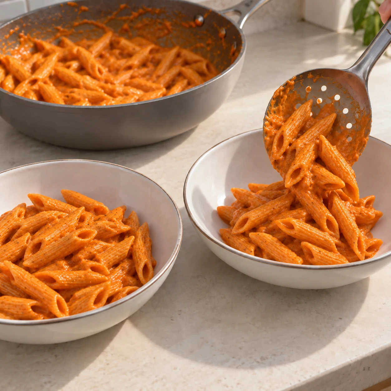 Répartis les pâtes et leur sauce entre deux assiettes. Représenter uniquement les ingrédients de cette étape, leur état et le geste indiqué, sans texte ni personne identifiable.