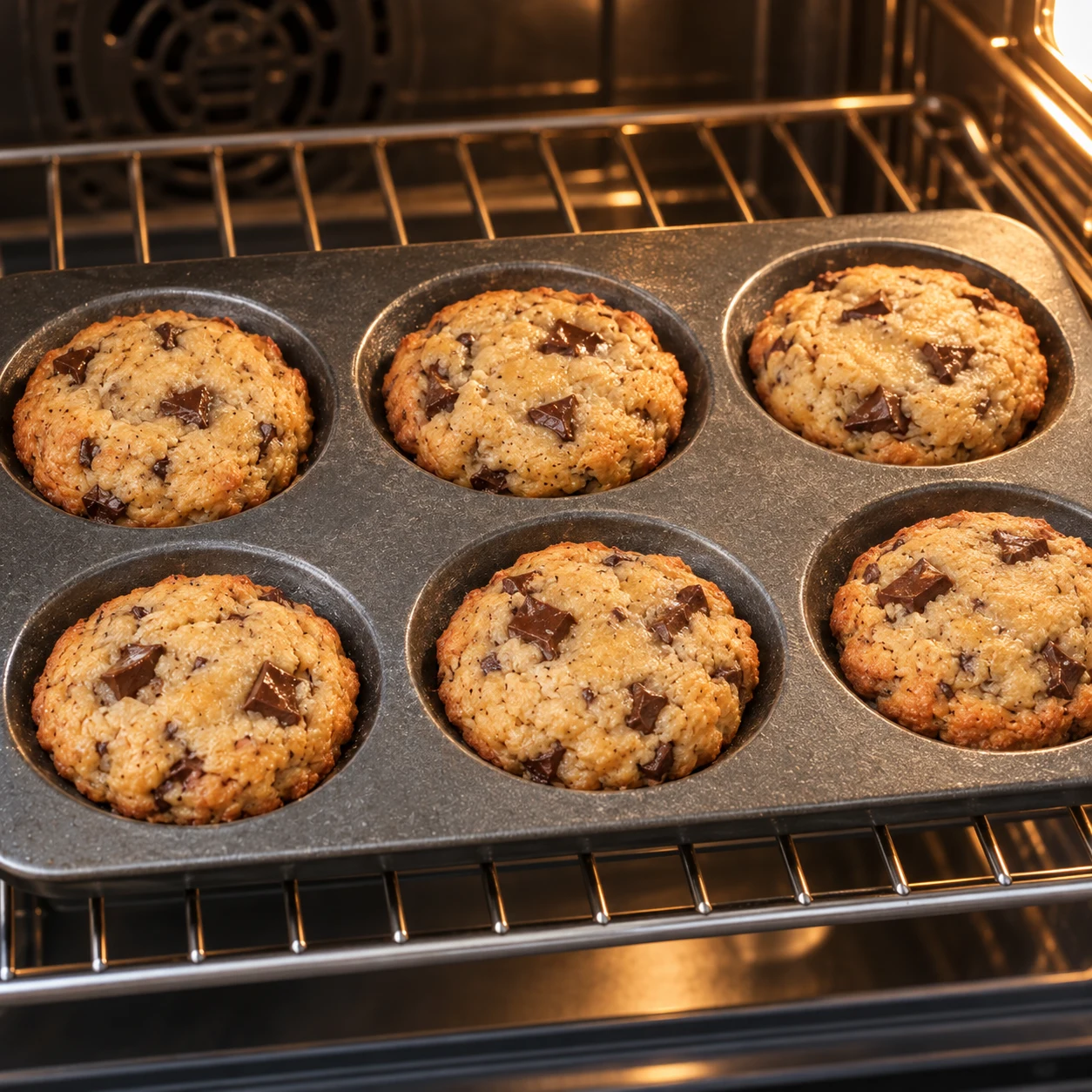 Une plaque de cookies cuits aux bords légèrement dorés et aux éclats de chocolat visibles, sur la grille du four.