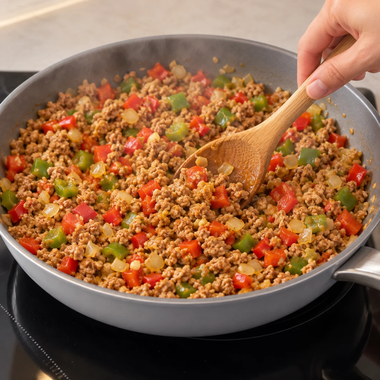 Ajoutez les 500 g de haché végétal de soja à la garniture et remuez en respectant sa notice de cuisson.
