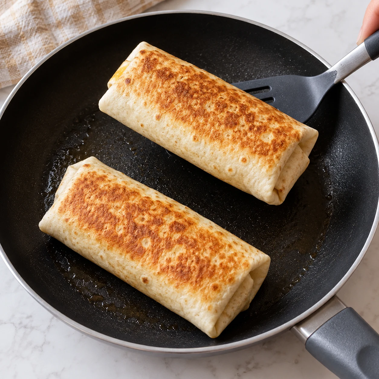 Spatule soulevant un burrito fermé doré dans une poêle noire, aucun doigt au contact de la poêle.