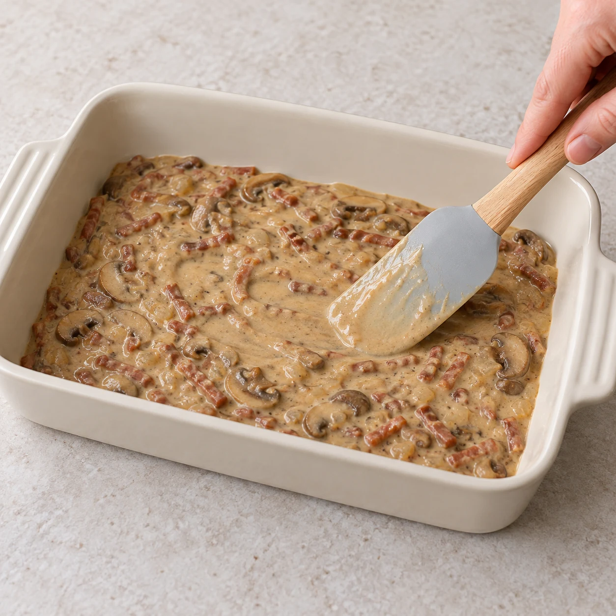 Une seule action : Étaler le fond de sauce. Une couche de sauce couvre le fond du plat. Uniquement les ingrédients de cette phase : Oignon, Champignons de Paris, Lardons végétaux fumés, Huile végétale, Sauce soja salée, cassonade, Sirop d’érable, Fécule de maïs, Eau froide, Tahini blanc, Levure maltée. Allumettes végétales fumées rosées à base de soja ; jamais de tofu ni de miso. Sauce onctueuse brun clair au sésame, plus pâle que dans la source.