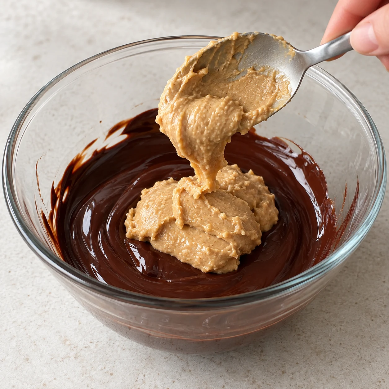 Une main anonyme dépose la purée de cacahuète beige dans le chocolat noir fondu.