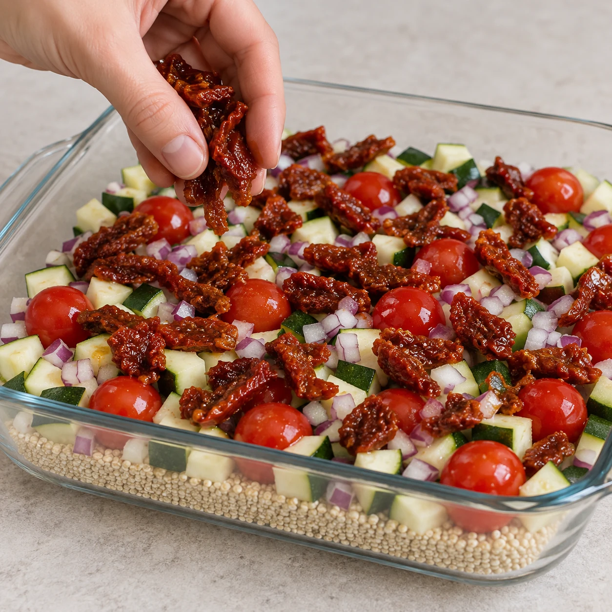 Répartis les 80 g de tomates séchées à l’huile dans le plat. Montrer uniquement les ingrédients déjà introduits ; cadrage rapproché, mains anonymes si utiles.
