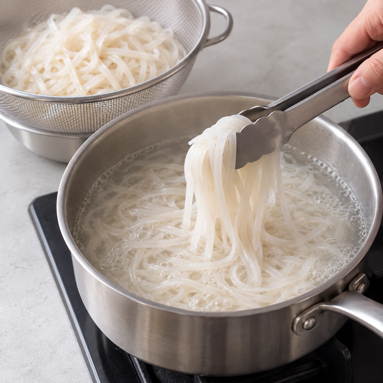 Nouilles de riz claires, souples et égouttées, sans tofu ni sauce ; la capture de soba source seulement la phase de service, avec adaptation documentée.
