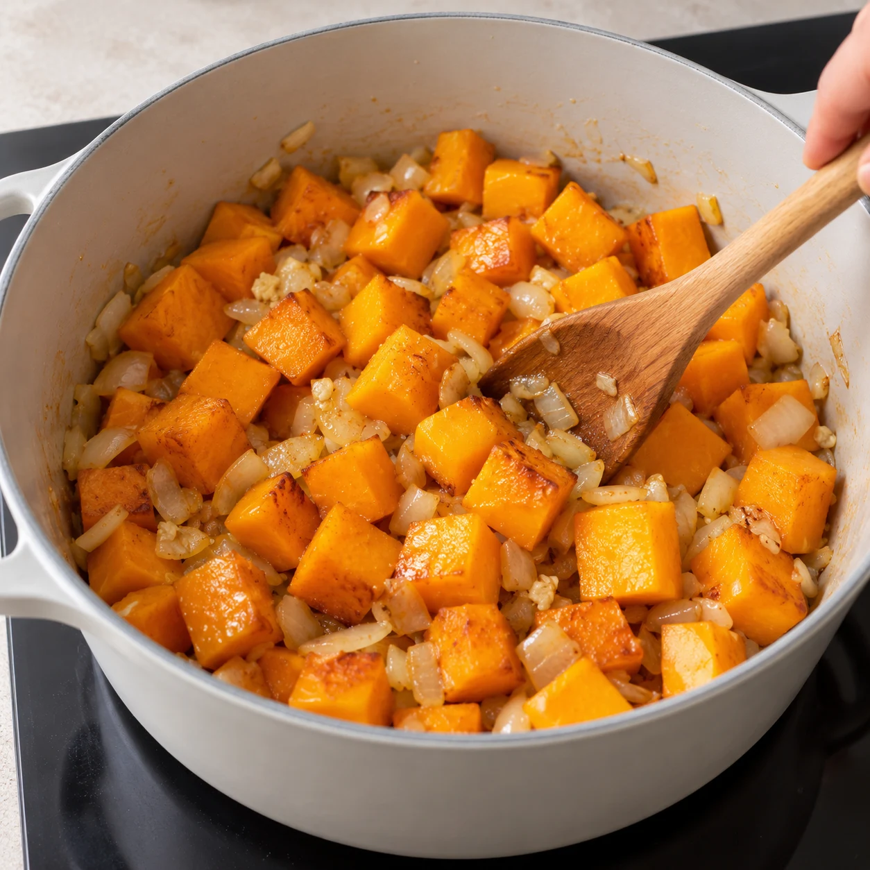Dés de butternut avec oignon et ail revenus, remués dans une cocotte.