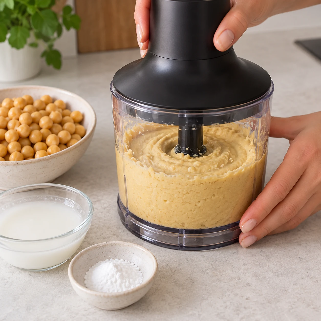 Mixer les 400 g de pois chiches égouttés avec la fécule délayée et la cuillère à café de levure chimique jusqu’à obtenir une pâte homogène.