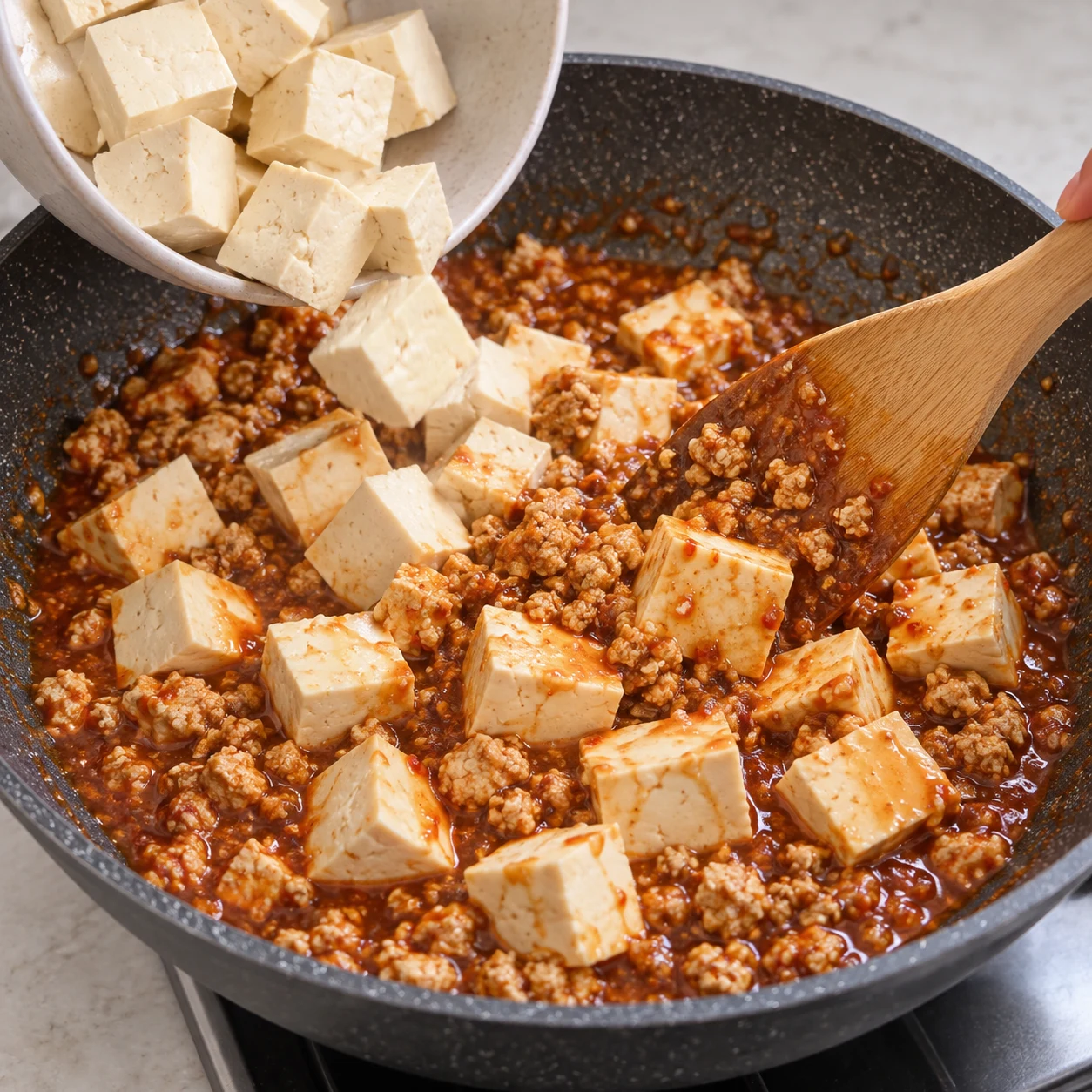 Ajoute les dés de tofu à la sauce épaissie. Mélange délicatement pour les enrober sans les casser. Une seule phase, sans texte ni personne identifiable. Pour la variante, montrer du tofu émietté et jamais des granulés secs, du doubanjiang ou des baies de Sichuan.