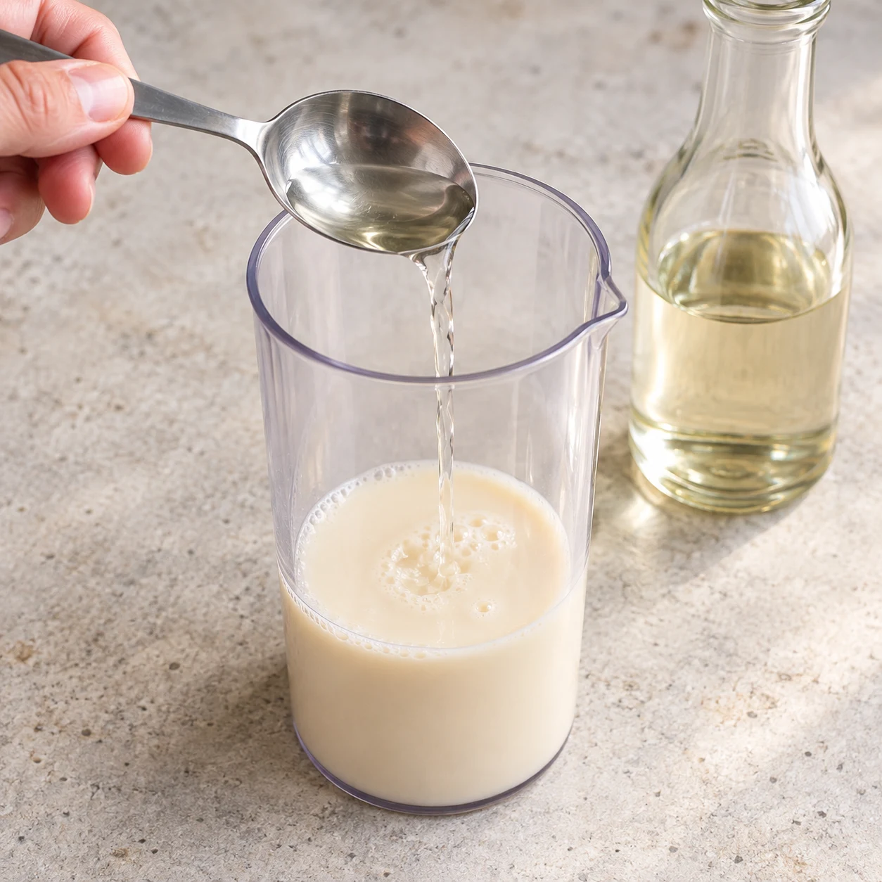 Cuillère de vinaigre versée dans le récipient contenant la boisson soja.